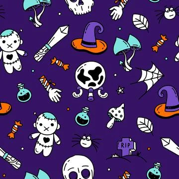 Seamless pattern with Halloween elements Doodle style vector design illustration Illustrazione stock
