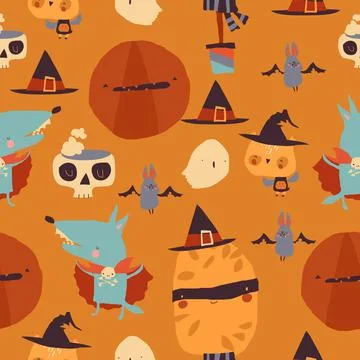 Seamless Pattern with Halloween Elements on Orange Background Stock Illustration