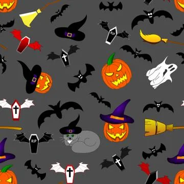 Seamless Pattern with Halloween Elements. Pumpkin, Ghost, Cat, Broom. Vector. 스톡 일러스트