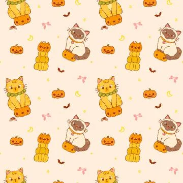 Seamless pattern halloween funny face cats with pumpkins, hand drawn cartoo.. Stock Illustration