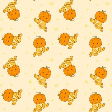 Seamless pattern halloween funny face cat pumpkin head, hand drawn cartoon .. Stock Illustration