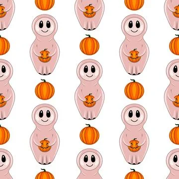 Seamless pattern with Halloween ghost dolls and pumpkin Stock Illustration