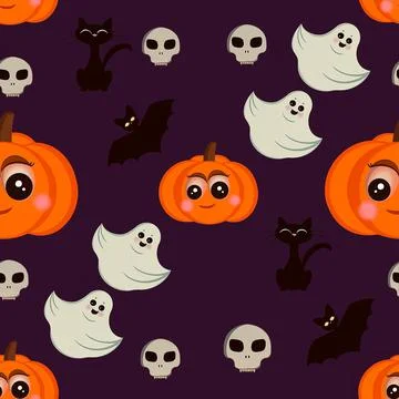 The seamless pattern for Halloween with a Ghost skull and a mad cat bat on a  库存插图