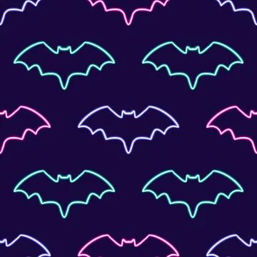 Seamless pattern Halloween glowing desktop icon, neon sticker, neon bat figure Stock Illustration