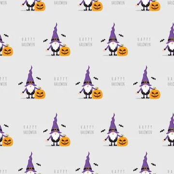 Seamless pattern with Halloween gnomes. Cute scandinavian dwarf with pumpkin Stockillustratie