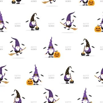 Seamless pattern with Halloween gnomes. Cute festive background for spooky night Stock Illustration