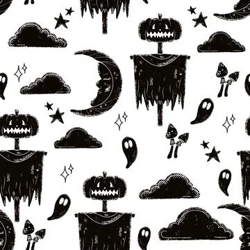 Seamless pattern Halloween hand drawn. Cute autumn background, autumn wallpap Stock Illustration
