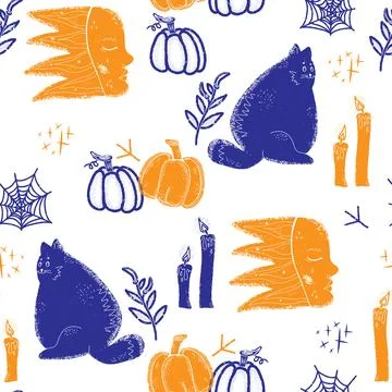Seamless pattern Halloween hand drawn. Cute autumn background, autumn wallpap Stock Illustration
