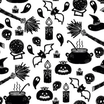 Seamless pattern Halloween hand drawn. Cute autumn background, autumn wallpap 스톡 일러스트