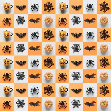 Seamless pattern of Halloween holiday collage with pumpkin, web, spider, cup. Stock Photos