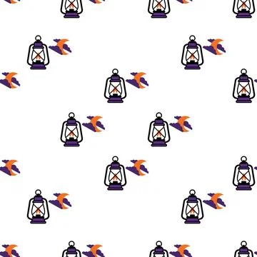 Seamless pattern with Halloween lanterns and flying bats on white background. Stock Illustration
