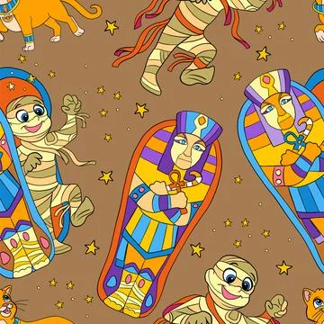 Seamless pattern of Halloween with mummy and sarcophagus Stock Illustration