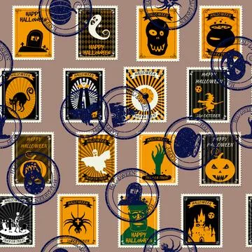 Seamless pattern Halloween old postage stamps, postal vintage Stock Illustration