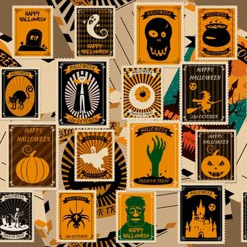 Seamless pattern Halloween old postage stamps vintage Stock Illustration