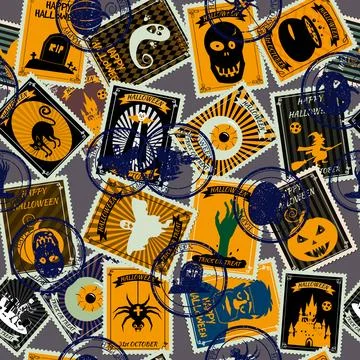 Seamless pattern Halloween old postage stamps, postal vintage Illustrazione stock
