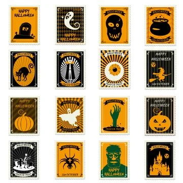 Seamless pattern Halloween old postage stamps vintage Stock Illustration