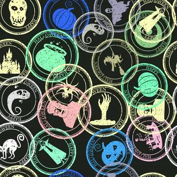 Seamless pattern Halloween old postage stamps, postal vintage Illustrazione stock