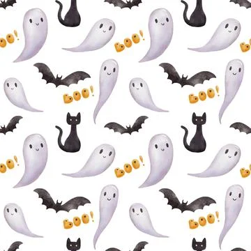 Seamless pattern for Halloween party with ghost and bat. Bright watercolor Illustrazione stock