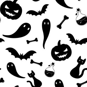 Seamless pattern for Halloween party with ghost, pumpkin and bat. Vector Stock Illustration