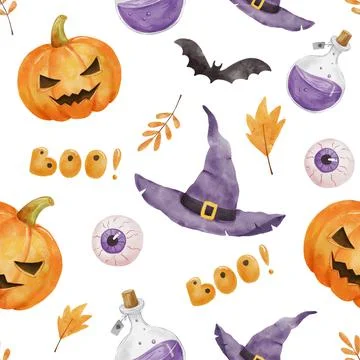 Seamless pattern for Halloween party. Pumpkin, bat, witch hat and eye. Bright Illustrazione stock