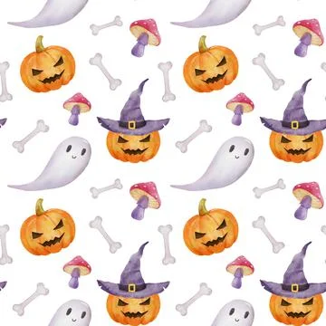 Seamless pattern for Halloween party. Pumpkin, witch hat and ghost. Bright Illustrazione stock