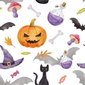 Seamless pattern for Halloween party. Pumpkin, bat, witch hat and black cat Stock Illustration