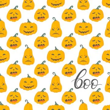 Seamless pattern. Halloween pattern with angry pumpkins and lettering boo. Pe Stock Illustration
