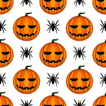 Seamless pattern with Halloween pumpkin and spider Stock Illustration