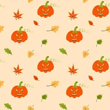 Seamless pattern with halloween pumpkin and autumn leaves. Stock Illustration
