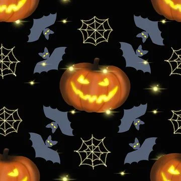 The seamless pattern for Halloween with pumpkin bat and spider web on a black イラスト素材