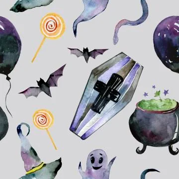 Seamless pattern for Halloween. Pumpkin, ghost, bat, candy, and other items on Stock Illustration