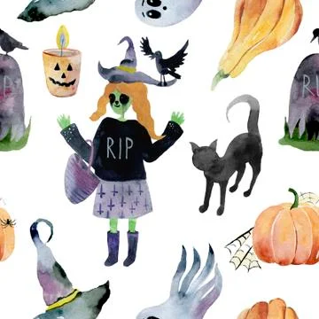 Seamless pattern for Halloween. Pumpkin, ghost, bat, candy, and other items on Illustrazione stock