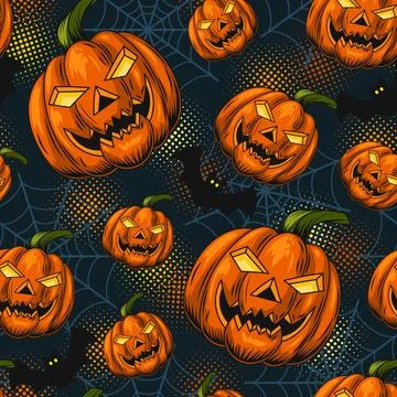 Seamless pattern with halloween pumpkin symbol, spiderweb, silhouette of bat Stock Illustration