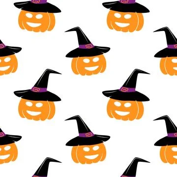 Seamless pattern of Halloween pumpkin in a witch hat with smiling face in trendy Stock Illustration
