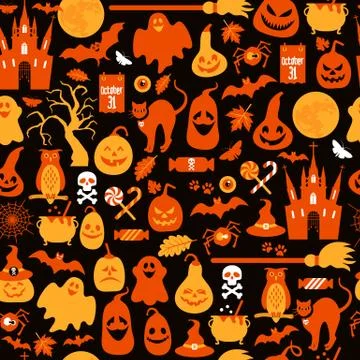 Seamless pattern of halloween with pumpkins and icons. Stock Illustration