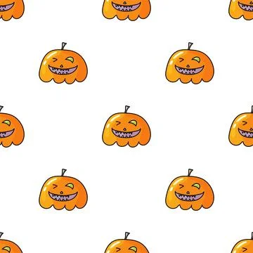 Seamless pattern with Halloween pumpkins. Jack orange lantern drawn with carved Stock Illustration