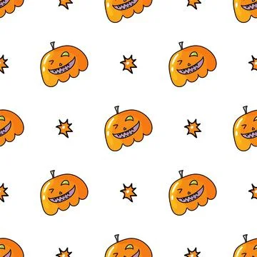 Seamless pattern with Halloween pumpkins. Jack orange lantern drawn with carved Stock Illustration