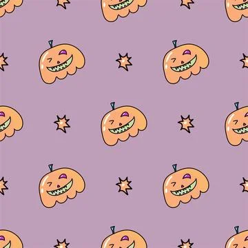 Seamless pattern with Halloween pumpkins. Jack orange lantern drawn with carved Stock Illustration