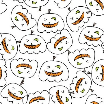 Seamless pattern with Halloween pumpkins. Jack orange lantern drawn with carved Stock Illustration