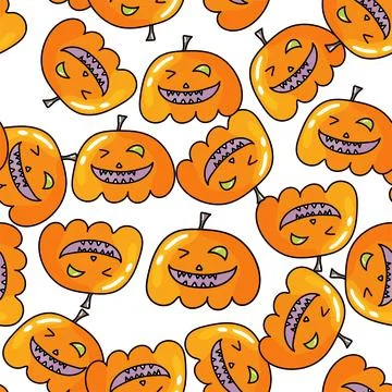 Seamless pattern with Halloween pumpkins. Jack orange lantern drawn with carved Stock Illustration