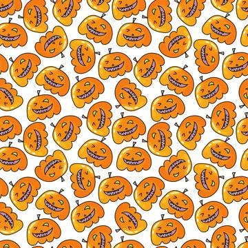 Seamless pattern with Halloween pumpkins. Jack orange lantern drawn with carved Stock Illustration