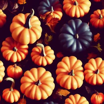 Seamless Pattern of Halloween Pumpkins Vegetables Centerpiece Black Background Stock-Fotos