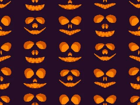 Seamless pattern with halloween scary face in pixel art style. Pixel scary .. イラスト素材