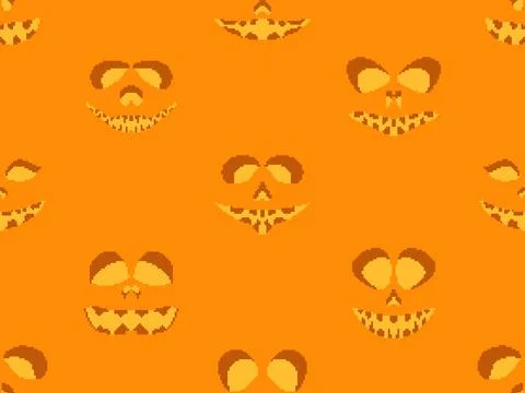 Seamless pattern with halloween scary face in pixel art style. Pixel scary .. 库存插图