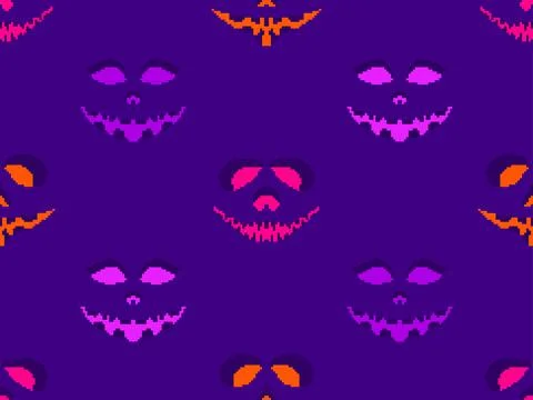 Seamless pattern with halloween scary face in pixel art style. Pixel scary .. Stock Illustration