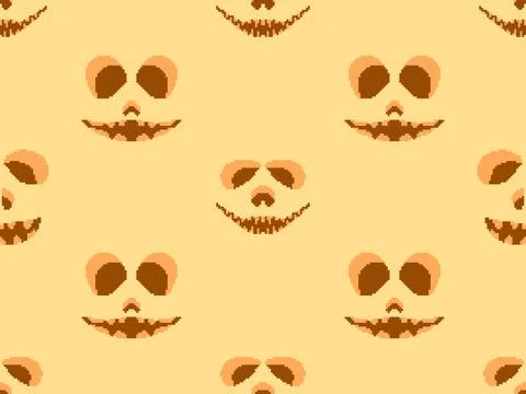 Seamless pattern with halloween scary face in pixel art style. Pixel scary .. 스톡 일러스트
