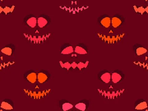 Seamless pattern with halloween scary face in pixel art style. Pixel scary .. Illustrazione stock