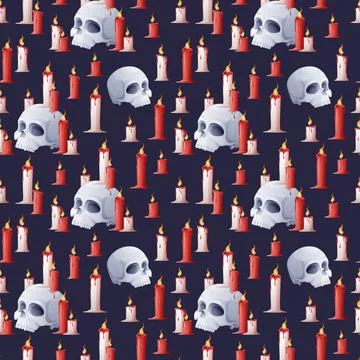Seamless pattern for Halloween with a skull and candles on a dark background. Stock Illustration