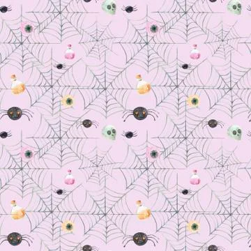 Seamless pattern Halloween spider web on an pink pastel background Watercolor Stock Illustration