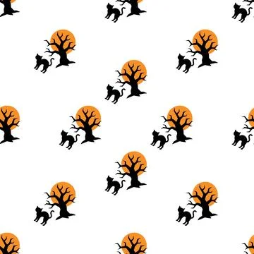 Seamless pattern with Halloween spooky trees, cats, and full moon on white .. イラスト素材